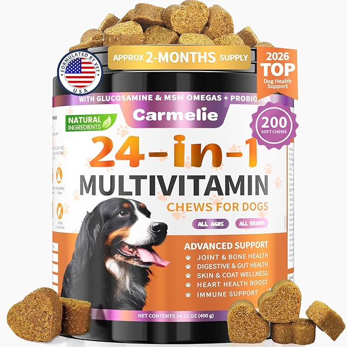 Carmelie Dog Vitamins, 24 in 1 Dog Vitamins and Supplements, 200 Chews with Glucosamine Probiotics Omega-3 Puppy Multivitamins Chewable for Hip & Joint, Skin & Coat, Immune Health, Digestive (Chicken)