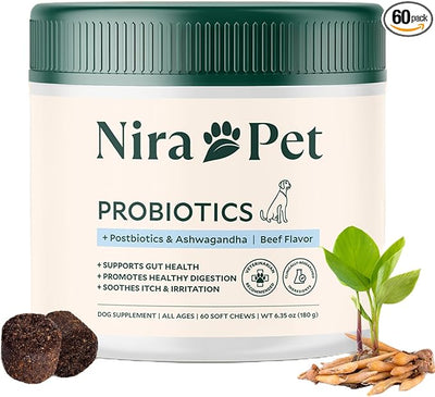 Nira Pet 5-in-1 Anti-Itch Probiotics for Dogs – 2 Strain Formula for Itching, Allergies and Gut Health with Colostrum, Postbiotics – 60 Beef Chews