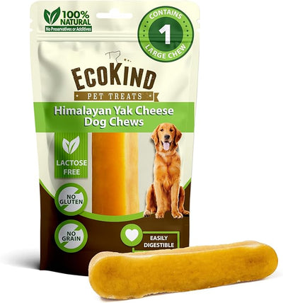 EcoKind Yak Cheese Himalayan Dog Chews, Yak Chews for Large Dogs, Long Lasting Bone for Aggressive Chewers, Only 3 Ingredients, Natural High Protein Treats, No Additives, Lactose Free, Large - 1 Chew