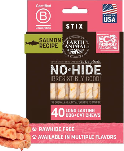 Earth Animal No Hide Stix - Long Lasting Rawhide Free Small Dog Chews Sticks, Salmon - 40 Count Extra Value Pack