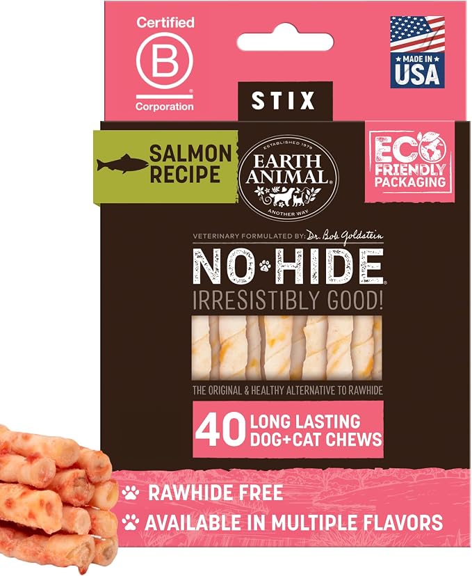 No Hide Stix - Long Lasting Rawhide Free Small Dog Chews Sticks, Salmon - 40 Count Extra Value Pack