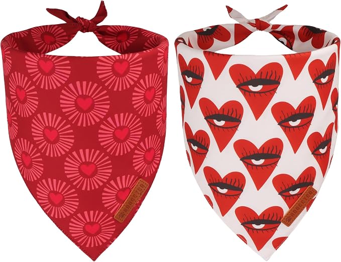 ADOGGYGO Valentines Dog Bandana 2 Pack, Heart Sunburst Eyelash Print Pet Scarf, Durable Fabric, Red Pink Valentine Bandanas for Extra Large Dogs (X-Large)