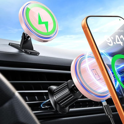 Magnetic Car Charger Mount 15W for iPhone 17-12 Pro Max | N52 Strong Magnets, 360° Rotation, Dashboard & Vent Mount, Compatible with Magnetic Cases, Gift for Women, Pink/Black