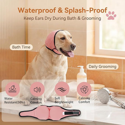 Dog Ear Cover for Hematoma,Bathing,Grooming,Drying,Fashion No Shake Ear Wraps for Dogs Ear Muffs Noise Protection Anxiety Relief,Waterproof Dog Calming Hoodie Shower Cap(Pink,L)
