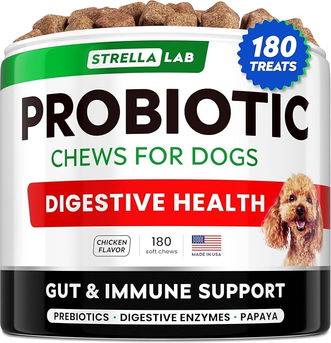 Dog Probiotics Chews + Enzymes Gut Health Support - Anti Gas, Diarrhea and Upset Stomach Immune Supplement - Digestion Treats with Fiber (180Ct, Chicken)