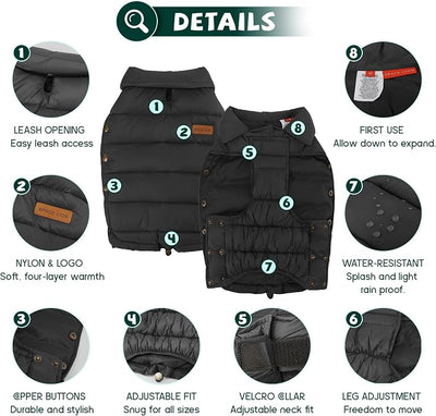 SPACE LION Dog Puffer Jacket, Down Winter Coat, Durable Outdoor Coat for Cold and Windy Conditions, Lightweight & Adjustable Fit Coats for Medium & Large Dogs,(Black, Size18/L+)