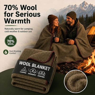 Wool Camping Blanket - 70% Wool Heavy-Duty Military Style Throw, Warm & Washable, Fire Retardant Cover for Emergency, Survival & Outdoor Use - Perfect for Camping, Car, Home & Hiking, Olive 62x84