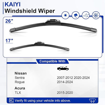 KAIYI 26" + 17" Windshield Wipers Compatible with Nissan Sentra 2007-2012 2020-2024,Rogue 2014-2024,Acura TLX 2015-2020 Premium Automotive Replacement Windshield Wiper Blades 2 Pack