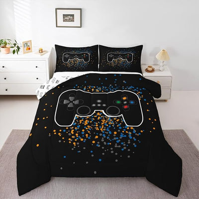 Erosebridal Gamer Comforter Set for Boys Teens Blue Black Gaming Bedding Set Video Game Bedding Home Decor for Kids Comforter Queen Size 3 Pieces Quilted Duvet Set 1 Comforter with 2 Pillowcases