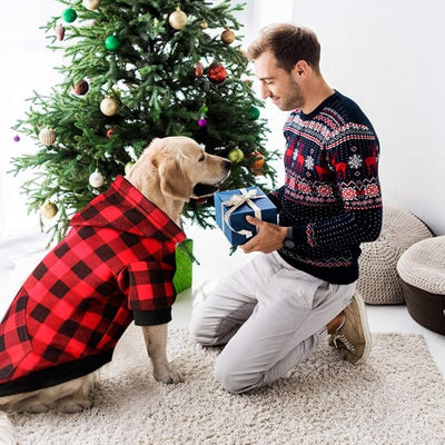 Red Plaid Dog Hoodie Sweater for Dogs Pet Clothes with Hat and Pocket（XXL）