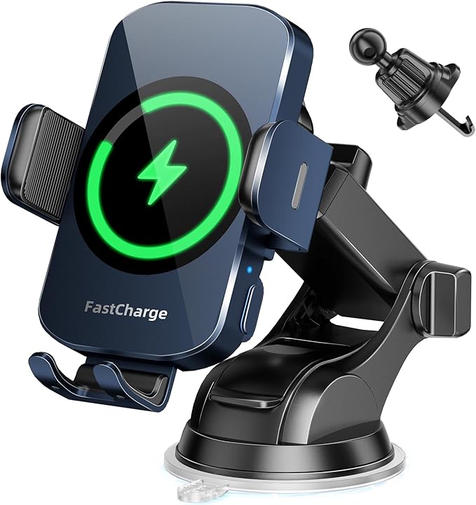 BothLin 3-in-1 Wireless Car Charger Mount, 15W Fast Charging Auto-Clamping Phone Holder for iPhone 17 16 15 14, Samsung Galaxy S24 S23, Dashboard, Vent & Windshield Car Mount(Deep Blue)