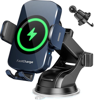BothLin 3-in-1 Wireless Car Charger Mount, 15W Fast Charging Auto-Clamping Phone Holder for iPhone 17 16 15 14, Samsung Galaxy S24 S23, Dashboard, Vent & Windshield Car Mount(Deep Blue)