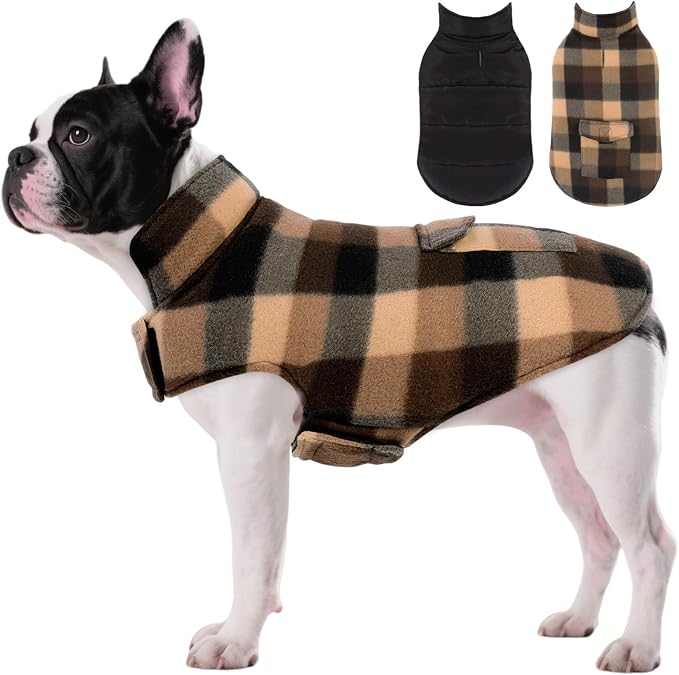 Dog Winter Jacket Plaid Reversible Vest, Waterproof Dog Coat for Cold Weather, Perfect for Small to Large Dogs (Coffee, XS)
