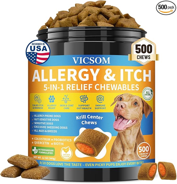 Dog Allergy Relief Chews, Dog Itching Skin Relief, 500 Crunchy Krill Center Seasonal Allergy Anti-Itch Chews, Itchy Ear & Paw Licking, Colostrum, Quercetin & Probiotics for Gut, Immune, Skin & Coat
