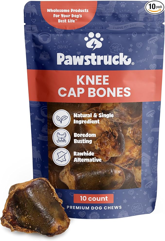 Natural Knee Cap Dog Bones - Treats for Aggressive Chewers, Low Fat & High Protein Chews, Beef Flavor, Long-Lasting Rawhide Alternatives - 10 Pack, Packaging May Vary