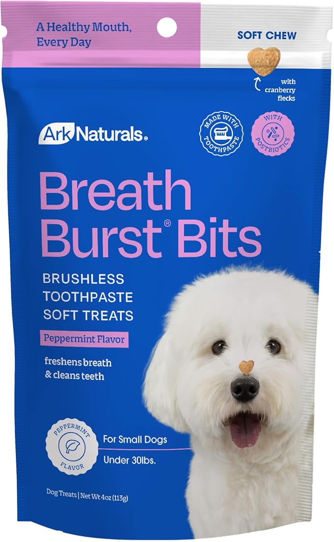 Breath Bursts Brushless Toothpaste Dog Treats, Dog Dental Bits for Small Breeds, Unique Texture Helps Clean Teeth & Freshen Breath, Peppermint, 4 oz, 1 Pack