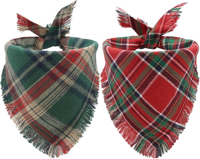 Christmas Dog Bandanas 2PCS-XLarge,Holiday Scarf Two-Sided with Tassels Edges,Stylish Triangle Dog Outfit for Boy and Girl,Winter Christmas Classic Red Green Plaid Pet Costume for Extra Large Dogs