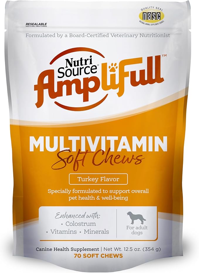 AmpliFull Turkey Flavor Multivitamin Soft Chews for Dogs, Daily Supplement with Bovine Colostrum, Essential Vitamins & Minerals for Overall Health, 70 Chews (1 Pack)