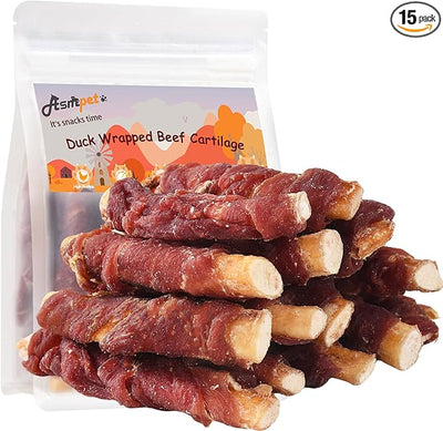 Dog Treats, Duck Wrapped Beef Cartilage Dog Chews, Long Lasting Grain Free Rawhide Free Natural Dental Dog Bones, Teeth Cleaning Training Treats for Small Medium Large Dogs Healthy Pet Snacks