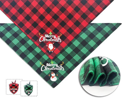 Christmas Dog Bandanas 2PCS-Small,Classic Plaid Triangle Holiday Scarf with Santa and Snowman Prints,Winter Pet Outfit for Boys and Girls,Red Green Plaid Dog Costume for Small Dogs and Cats