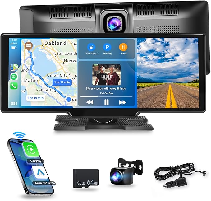 [2.5K Front Camera+64G TF Card] Wireless Carplay/Android Auto Portable Car Radio with 9.3" HD Touchscreen Dash Cam, Front/Rear View Camera Stereo Receiver Bluetooth FM Transmitter AUX