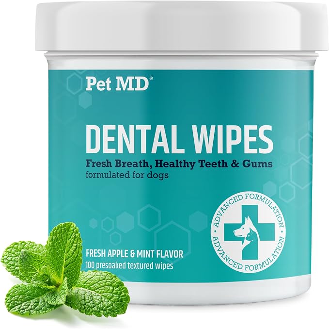 Dog Breath Freshener Dental Wipes for Dogs - Tartar and Plaque Remover for Teeth Cleaning - Fresh Apple & Mint Scent Bad Breath Treatment for Dogs - 100 Count