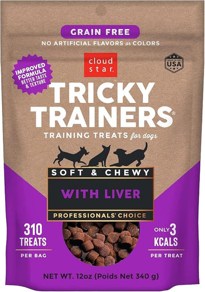 (3 Pack) Cloud Star Tricky Trainers Crunchy Low Calorie Training Dog Treat 14 oz, Cheddar, Liver, and Salmon with 10ct Pet Wipes