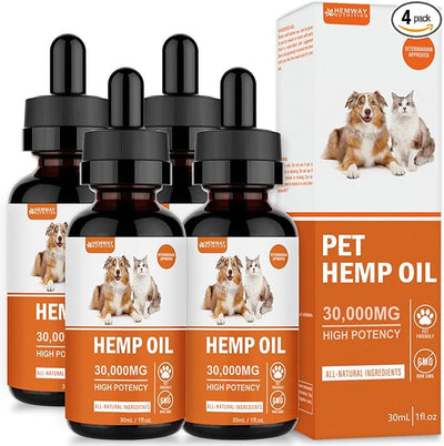 (4-Pack) Organic Hеmp Oil for Dogs and Cats - Hip and Joint Support - Skin and Coat Health - Pet Calming Drop - Omega 3-6-9 and Vitamins - Vet Approved