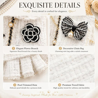 Spring Fall Winter Small Dog Tweed Princess Dress White Pearl Design, Warm Fleece Dog Coat for Girls, Cute Puppy Clothes with Bow Flower, Luxury Chanel Style Pet Outfit for Cats & Dogs(M)