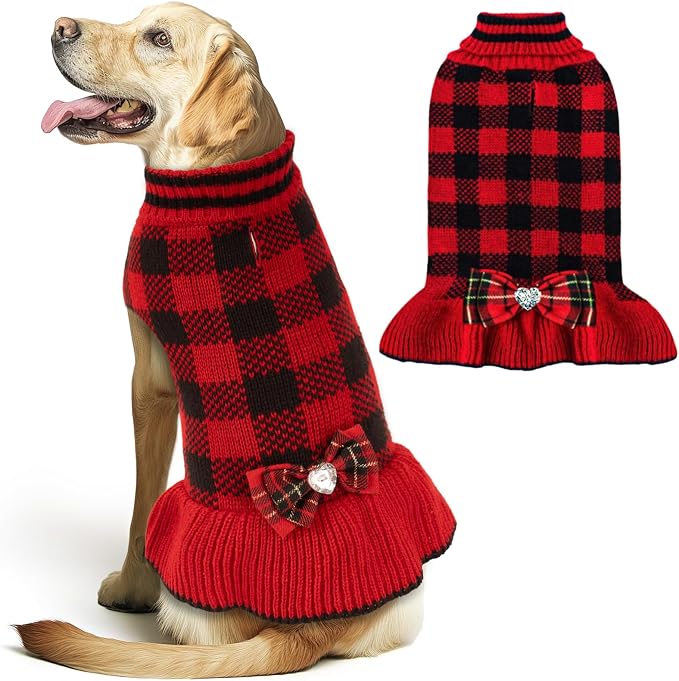 Christmas Dog Sweater Dress for Medium Dogs with Leash Hole Checkered Pet Sweaters Dogs Christmas Outfit with BowtieTurtleneck Dog Apparel for Winter