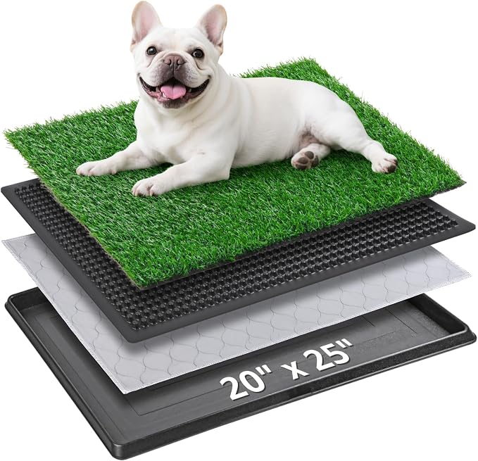 Portable Dog Grass Pad with Tray 20''x25'': Dog Litter Box with Artificial Grass Patch Bathroom Mat & Washable Pee Pad for Puppy Potty Training, Pet Loo Indoor Outdoor Use for Patio Balcony Apartment