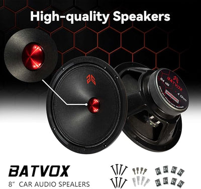 MX80P1 Loudspeaker 8 Inch Midrange 480 Watts 4 Ohms Red Dust Cap, Premium Quality Audio Door Speakers for Car or Truck Stereo Sound System, Black (2 Speakers)