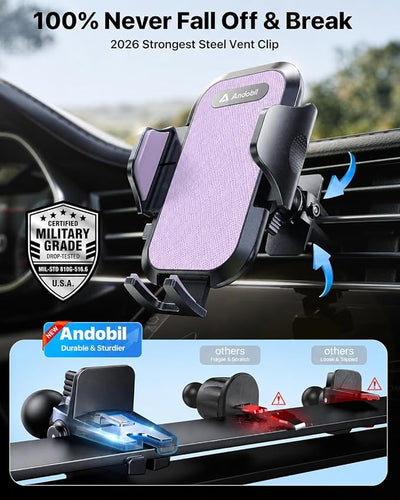 andobil 2026 Upgraded Car Phone Holder Mount, Military-Grade Phone Holders for Your Car Vent Stable Metal Clip Universal 360° Cell Phone Car Mount for iPhone 17 Pro Max 16/15/14/13/12/ Samsung, Purple