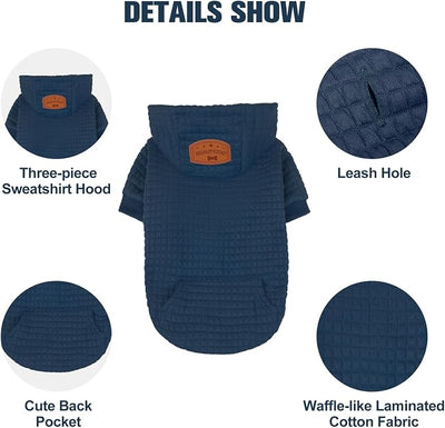 BEAUTYZOO Small Dog Hoodie Sweater with Pockets, Dog Clothes for Small Medium Dogs Boy Girl, Waffle-Like Laminated Cotton Pet Coats with Hat and Leash Hole, Navy Blue L