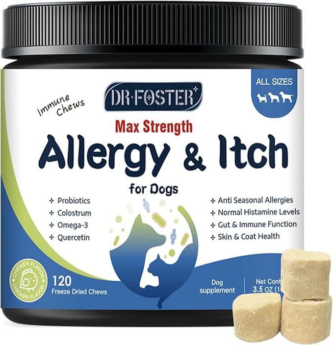 Dog Allergy Relief Chews, with Colostrum, Omega 3,6, Probiotics for Dogs, Support Immune, Dog Itching Skin Relief, Natural Dry Skin & Itch Relief for Dogs, Hot Spot Treatment, Seasonal Allergy Relief