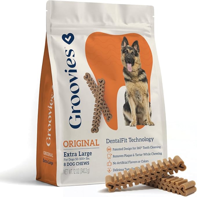 Dog Dental Treats, Flexible Yet Effective, Patented DentalFit Technology to Help Control Tartar & Freshen Breath, XLarge Dog Chews (50-100+ lbs), USA Manufactured Oral Care, 8 Count