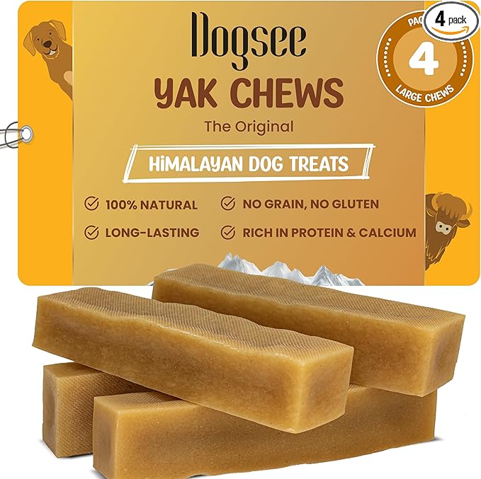 Yak Cheese Himalayan Dog Chews 1lb (Large - 4 Bars).100% Natural, 60% Protein, Dog Treats for Large Breed Dog Chews Long Lasting for Aggressive Chewers High Protein Dental Sticks.