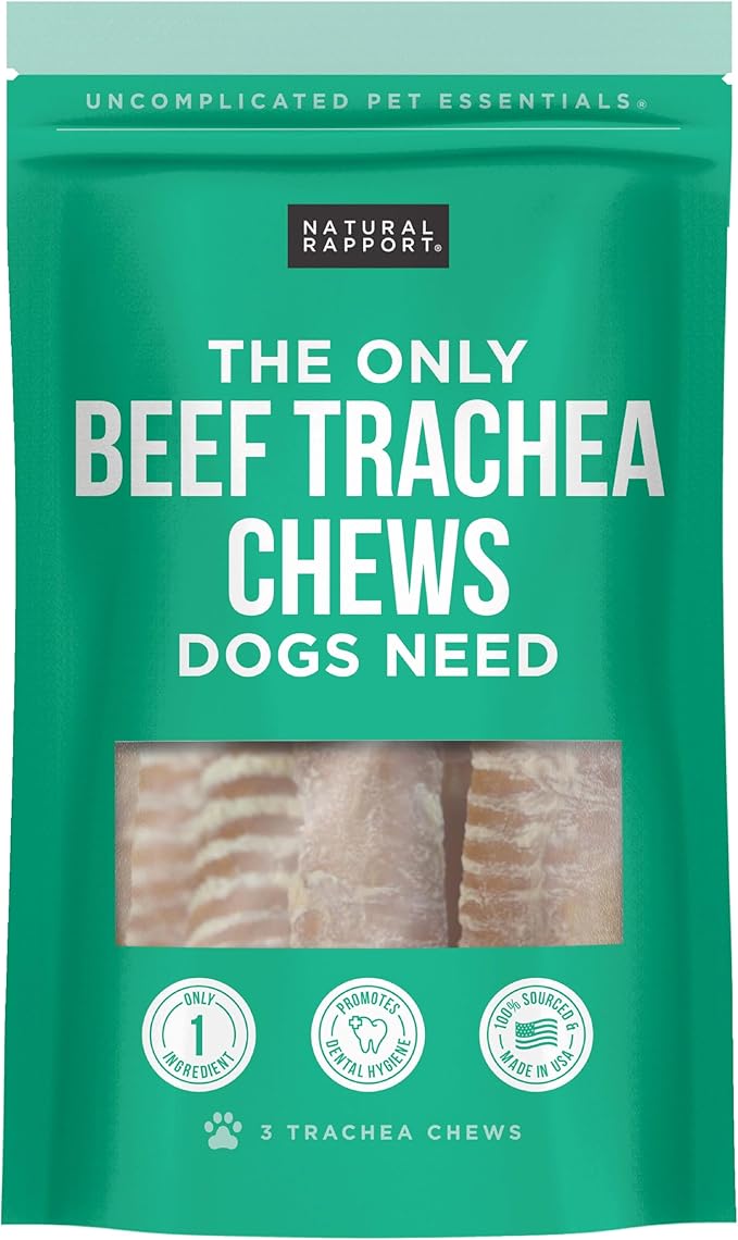 Natural Rapport Beef Trachea Dog Chews - Single Ingredient, High Protein, Natural Glucosamine for Joint Health (3 Count)