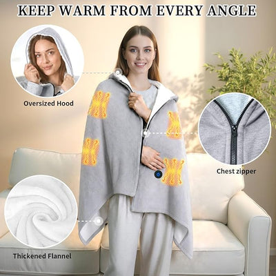 Gray USB Heated Hoodie Throw Blanket, Type-C Heated Wearable Blanket for Neck & Shoulder Warmth, Electric Soft Hooded Shawl with 1 Heat Level, Winter Gift for Women Travel Camping Bed
