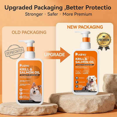 PUAINTA Omega 3 Fish Oil for Dogs & Cats, Wild Icelandic Salmon Oil & Antarctic Krill Oil, EPA DHA Omega 3 Supplement for Skin & Coat Health, Immune Support (8 Fl Oz (Pack of 1))