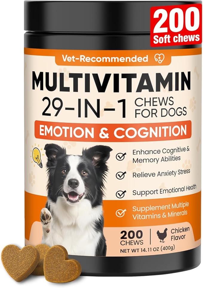 29-in-1 Advanced Cognition Dog Vitamins and Supplement with Melatonin Omega-3 L-Theanine 200 Ct Dog Multivitamins Chewable Supports Cognitive Function, Nervous System, Overall Health - Chicken Flavor