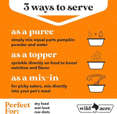 Wild Acre Pumpkin Powder for Dogs - No More Diarrhea or Scoots! - Digestive Puree Treat or Food Topper - Fiber Supplement for Dogs and Cats with Prebiotics, 8.1oz