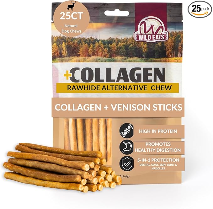 Venison Collagen Sticks for Dogs (25 Pack, 0.6 cm Wide) Long Lasting Dog Chews No Hide Dog Treat Bully Stick Alternative, Rawhide Free, Grain Free, High Protein