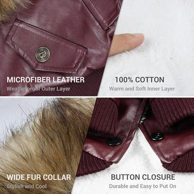 LESYPET Dog Leather Jacket for Small Dogs, Waterproof Dog Winter Jacket Puppy Coat with Fleece Lined, Ultra Warm Fur Collar Doggie Coat, Red XX-Large