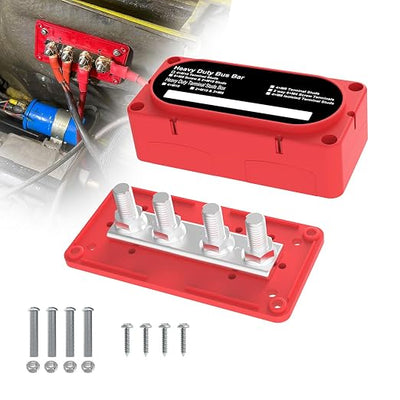 Heavy Duty Bus Bar 300A 12V Power Distribution Block with 3/8" (M10) 4-Posts Terminals Block with Cover for Automotive, Marine, Battery System (Red)