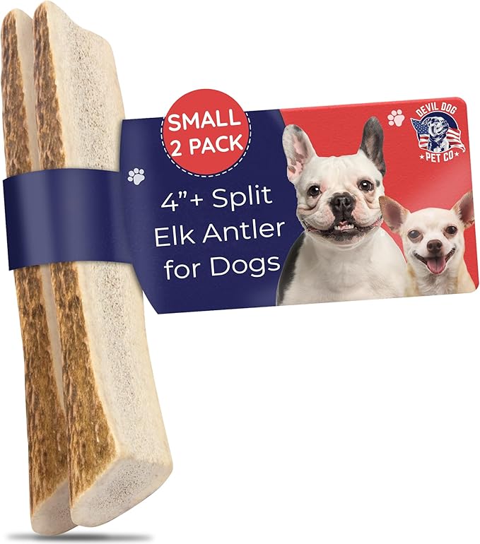 Split Elk Antlers for Dogs, Natural Dog Chew with Exposed Marrow - Long Lasting and Odor Free - USA Sourced - Cleaner Teeth, Anxiety & Boredom Relief - Small 4"+ 2 Pack