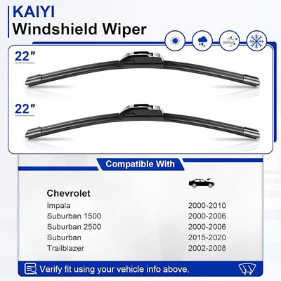 KAIYI 22" + 22" Windshield Wipers Compatible with Chevrolet Impala 2000-2010,Suburban 2000-2006 2015-2020,Trailblazer 2002-2008 Premium Automotive Replacement Windshield Wiper Blades 2 Pack