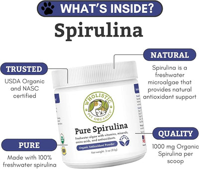 Wholistic Pet Organics Spirulina Powder for Dogs and Cats - Antioxidant Support for Dogs and Cats - Immune Support Supplement, Promotes Overall Wellness - Human-Grade Superfood for Pets - 85 Scoops