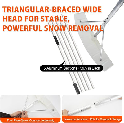 19Ft Snow Roof Rake Removal Clean Tool Ice Dams Rooftop Snow Scraper Shovel for Sltanted Cedar Shake Roofs Car Ranch House Leaves Debris - Lightweight Pole