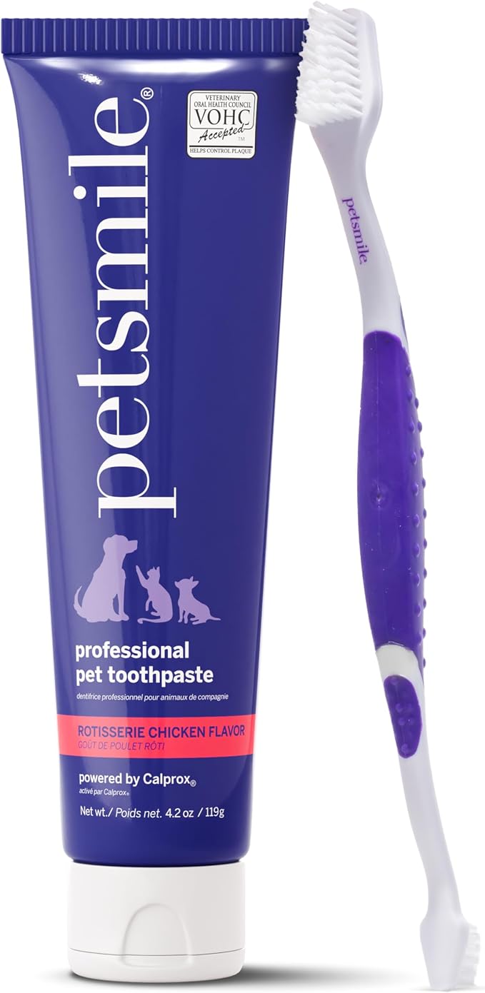 Professional Pet Teeth Brushing Kit for Cats & Dogs - VOHC Accepted Toothpaste & Patented Toothbrush - Proven to Control Plaque & Tartar Calprox Formula (Rotisserie Chicken, 4.2 Oz)